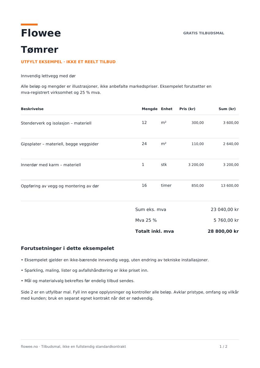Utfylt PDF-eksempel for tømrere: Innvendig lettvegg med dør