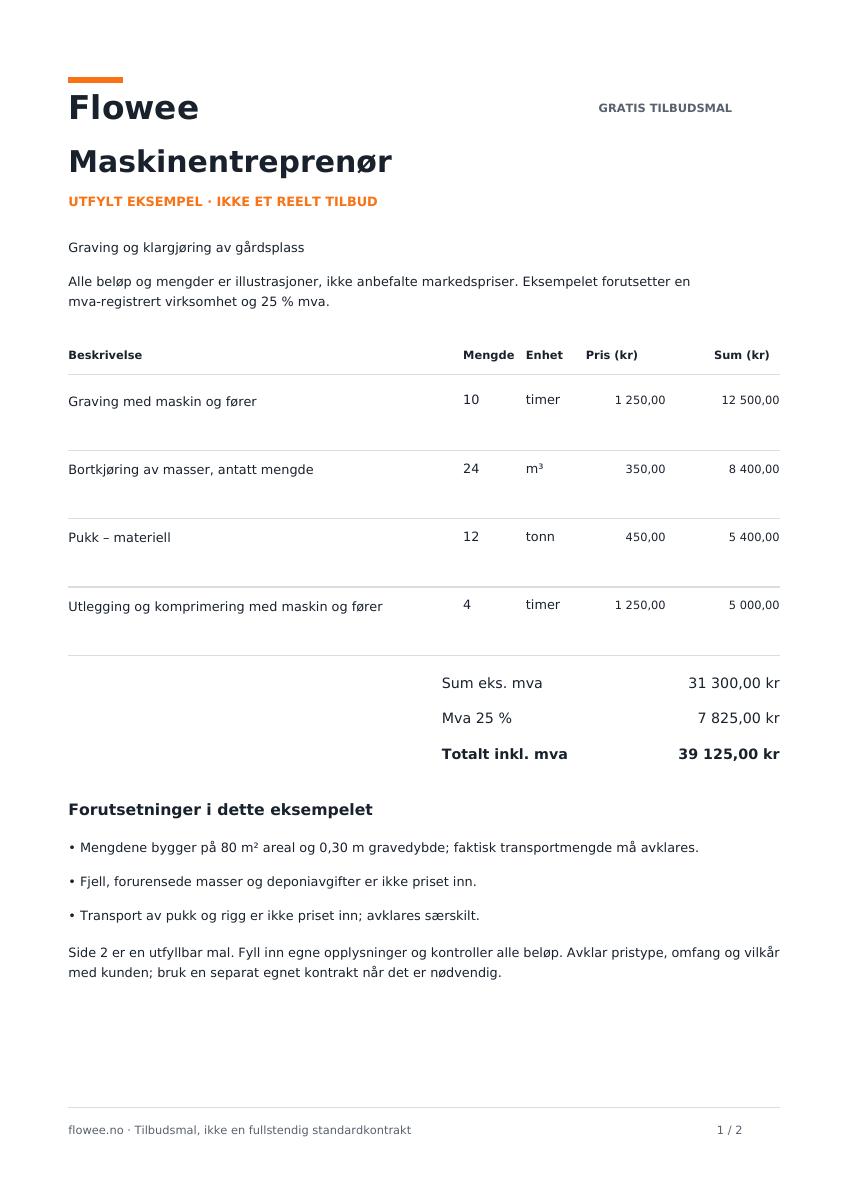 Utfylt PDF-eksempel for maskinentreprenører: Graving og klargjøring av gårdsplass